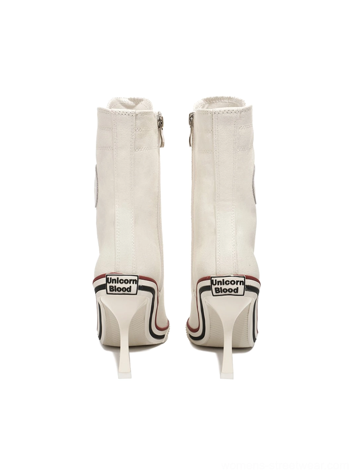 Canvas stiletto sneaker boots toe cap reinforcement white synthetic trim detail showing durability construction quality and design aesthetic from direct front angle view