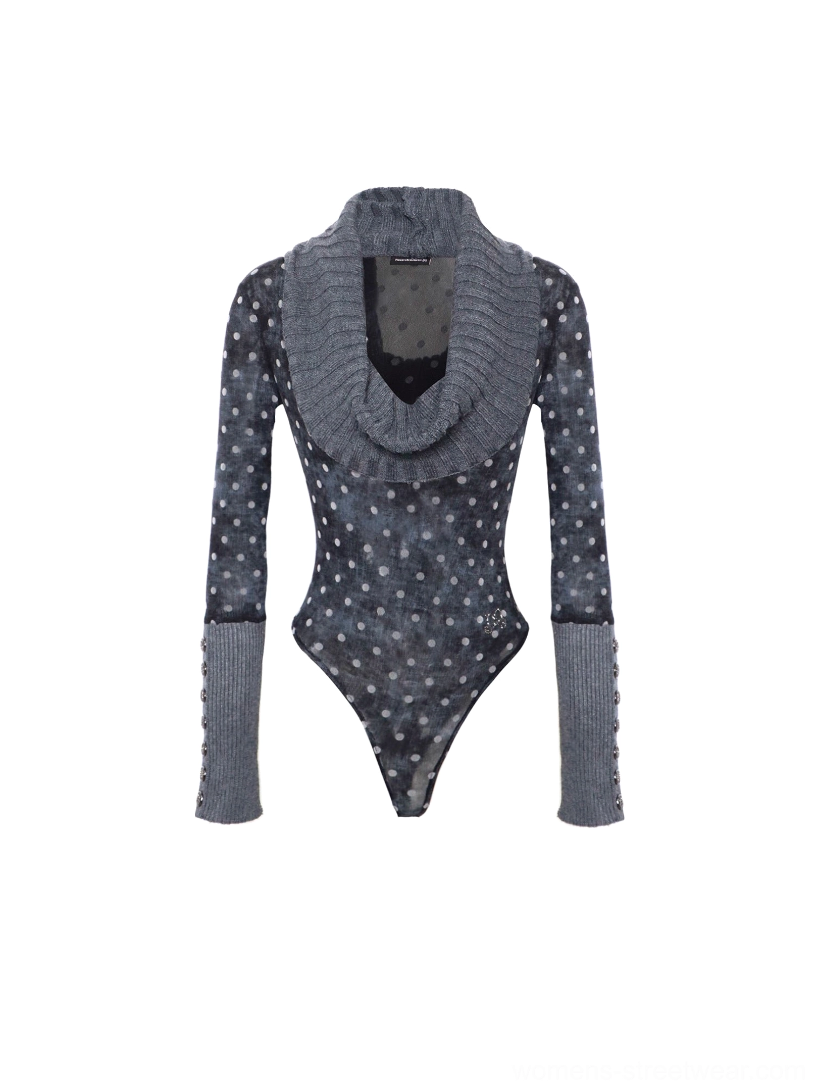 Blue grey polka dot cowl neck knit bodysuit flat lay showing long sleeves, contrast ribbed cowl neckline, extended button cuffs, and high-cut snap-closure bottom