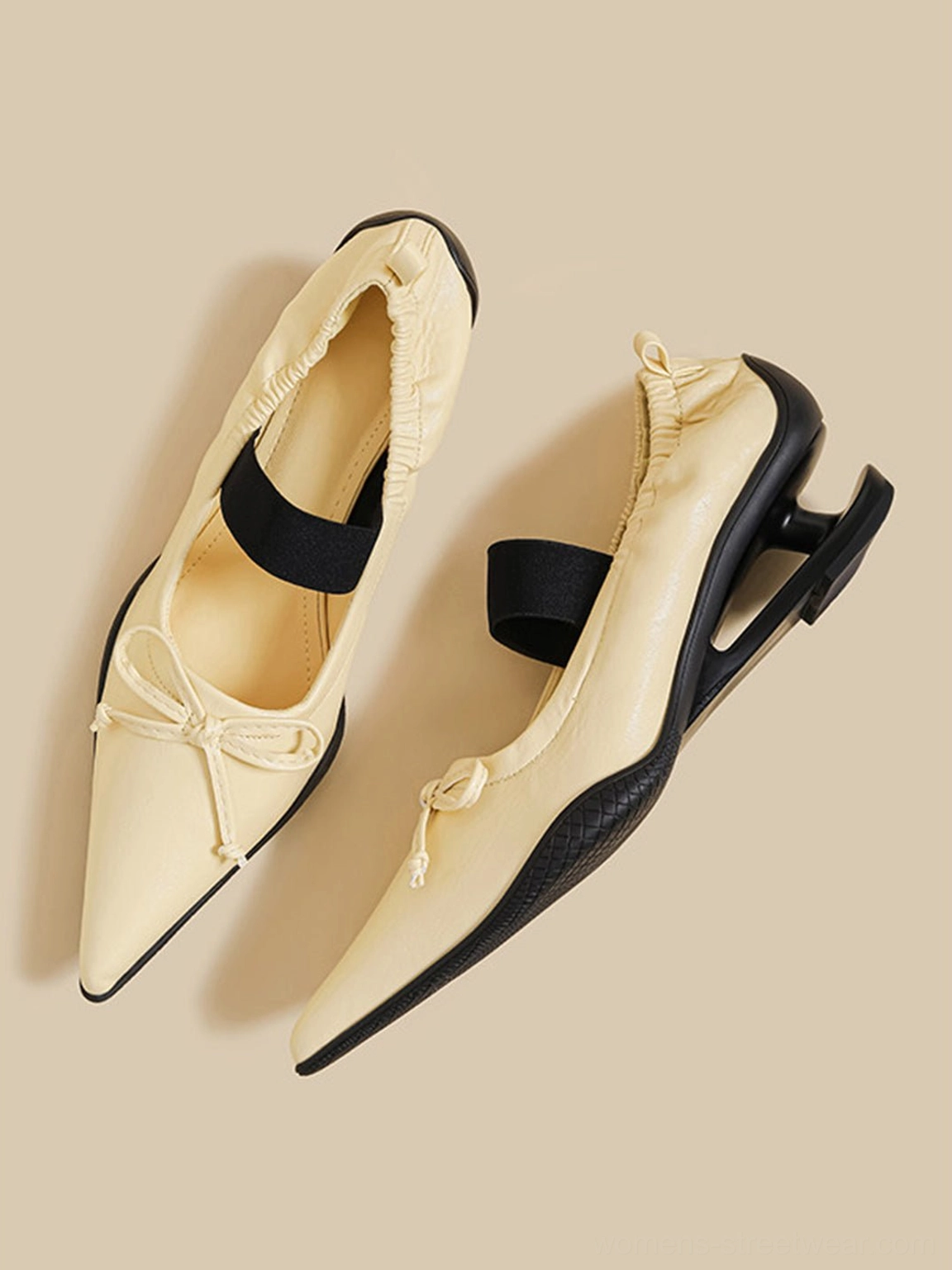 Streetwear styled bow pointed-toe Mary Jane mules with statement sculpted heels