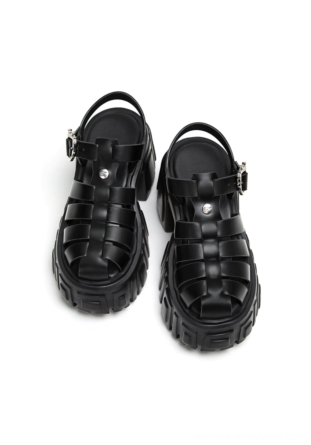 Streetwear platform sandals with chunky Roman cage construction, heart buckle detail, and versatile summer styling