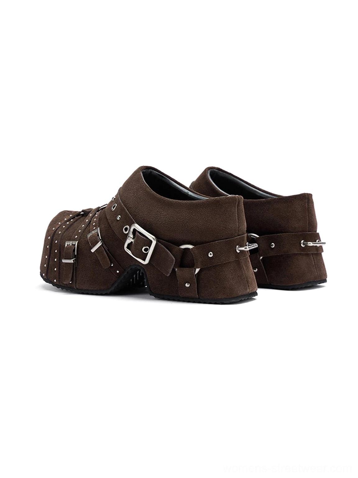 Streetwear statement mules with closed toes, silver-tone studs, multiple buckles, and sculpted platform heels