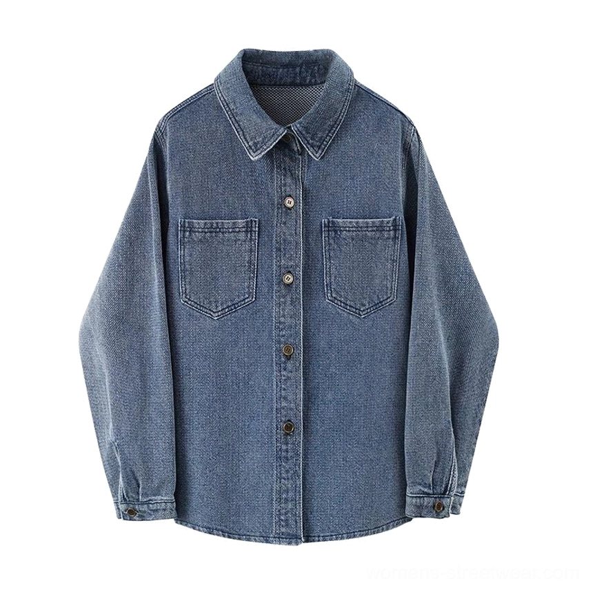Streetwear-inspired washed blue denim shirt jacket for women with timeless vintage character and relaxed everyday fit