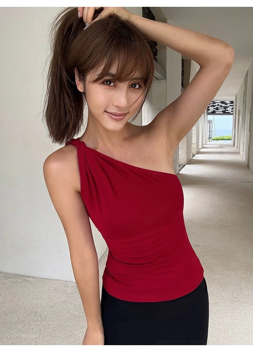 Stretch knit one-shoulder tank top with twisted neckline designed for fitted Seoul-inspired women's streetwear outfits