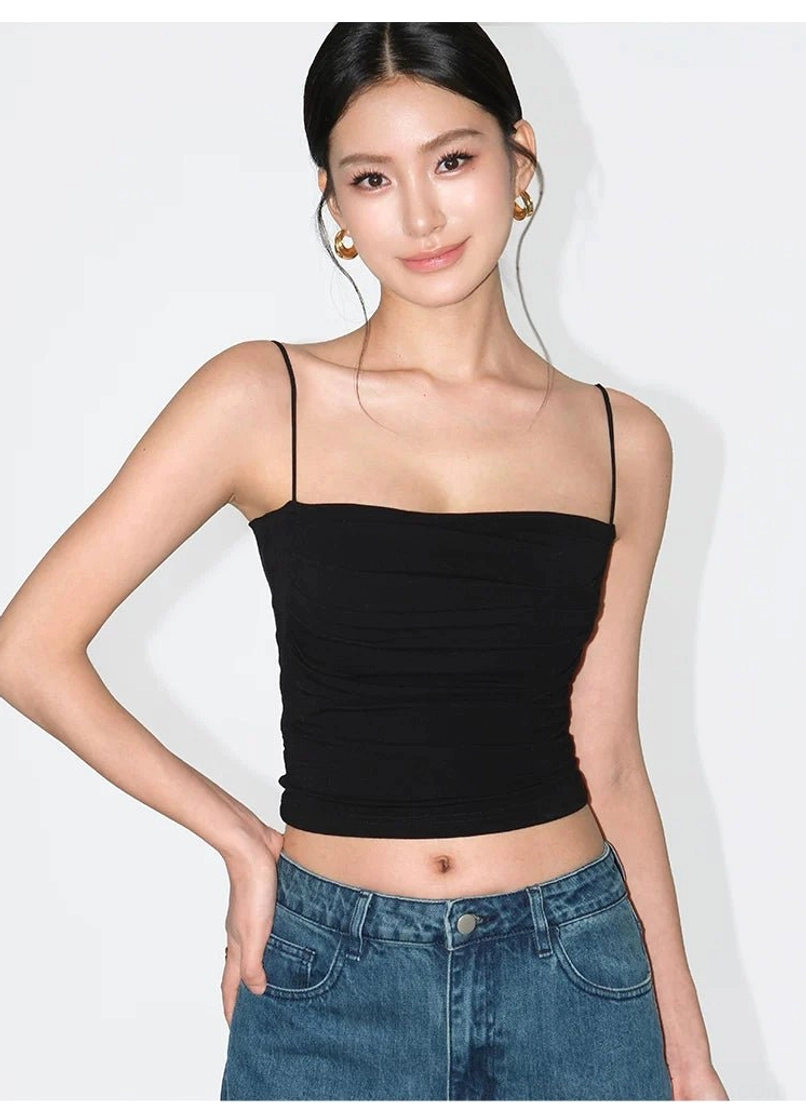 Stretch knit ruched cami crop top with a softly gathered neckline and cropped high hip silhouette