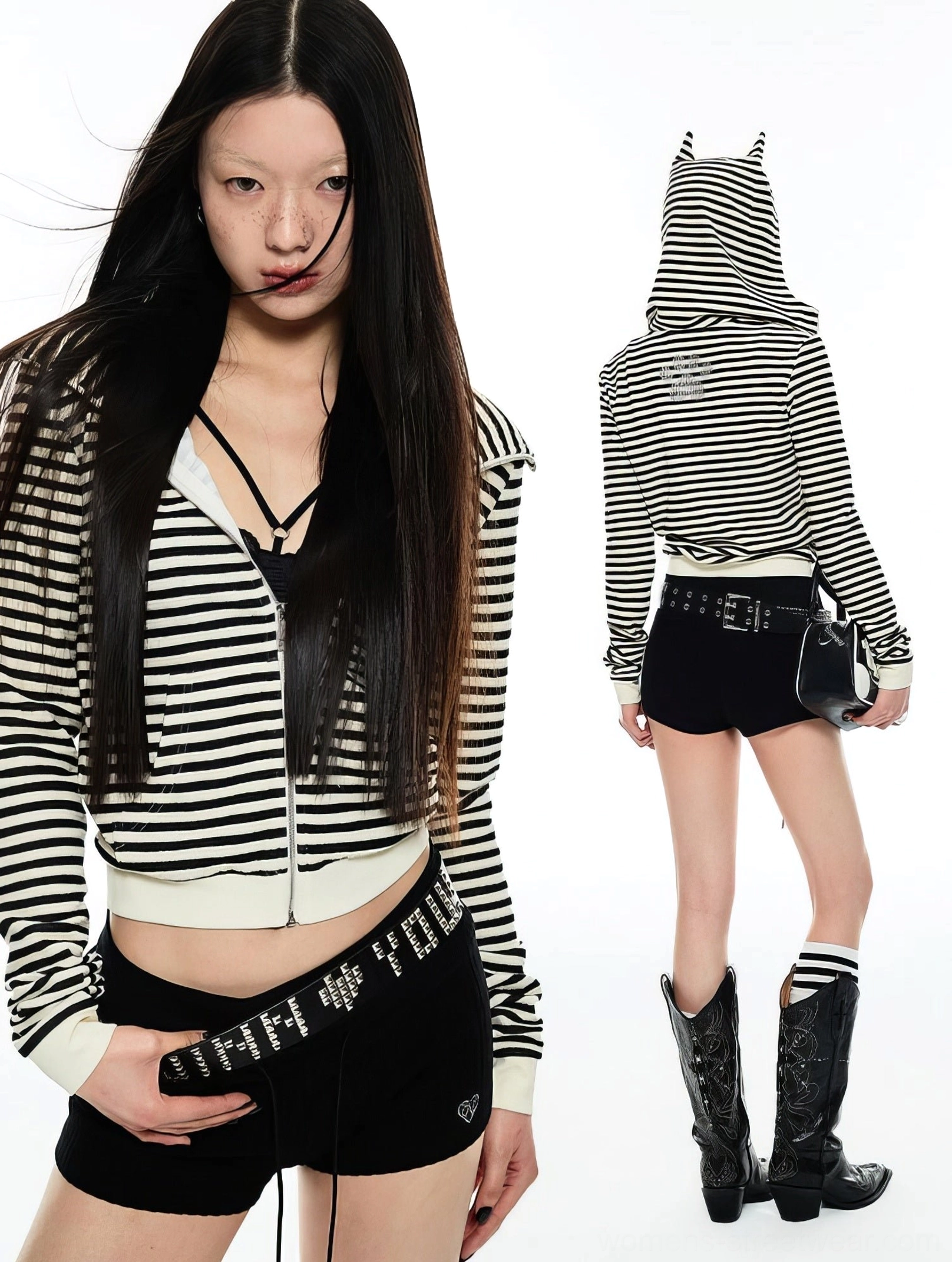 Front and back display of a black and white striped cat ear zip-up hoodie styled with cowboy boots and a mini leather handbag