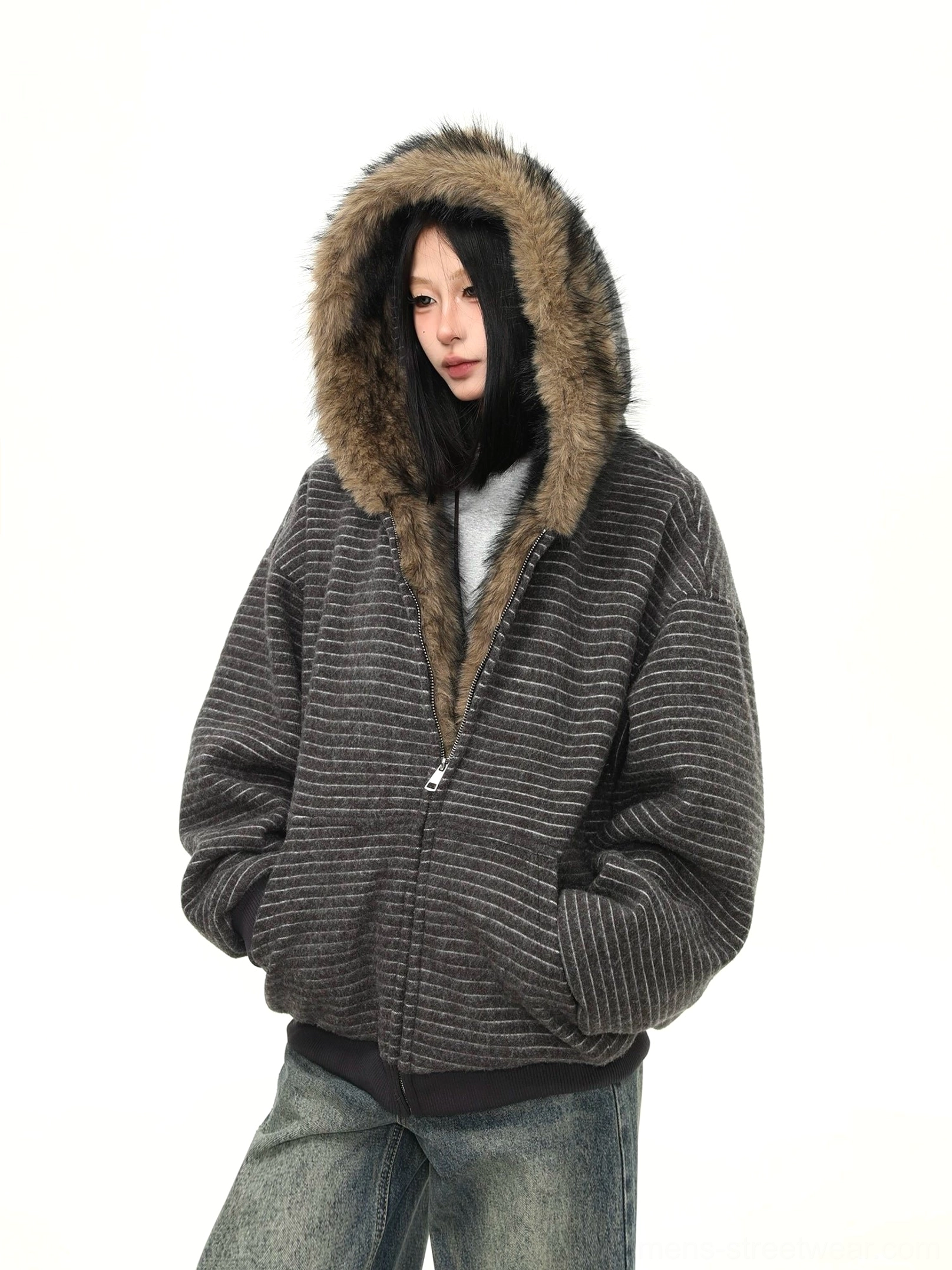 Striped faux fur hooded jacket product image showing the oversized winter streetwear silhouette and textured trim