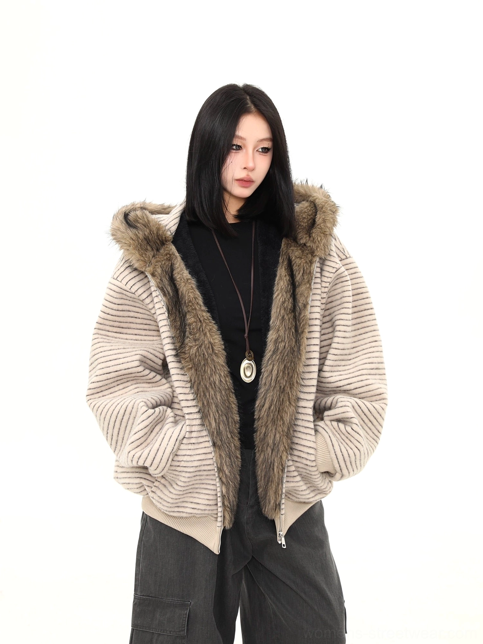Oatmeal striped faux fur hooded jacket in an oversized winter streetwear fit styled with a black top and dark cargo pants