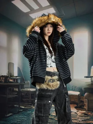 Female model wearing a black and grey striped faux fur hooded zip jacket with cargo jeans in a relaxed winter streetwear outfit