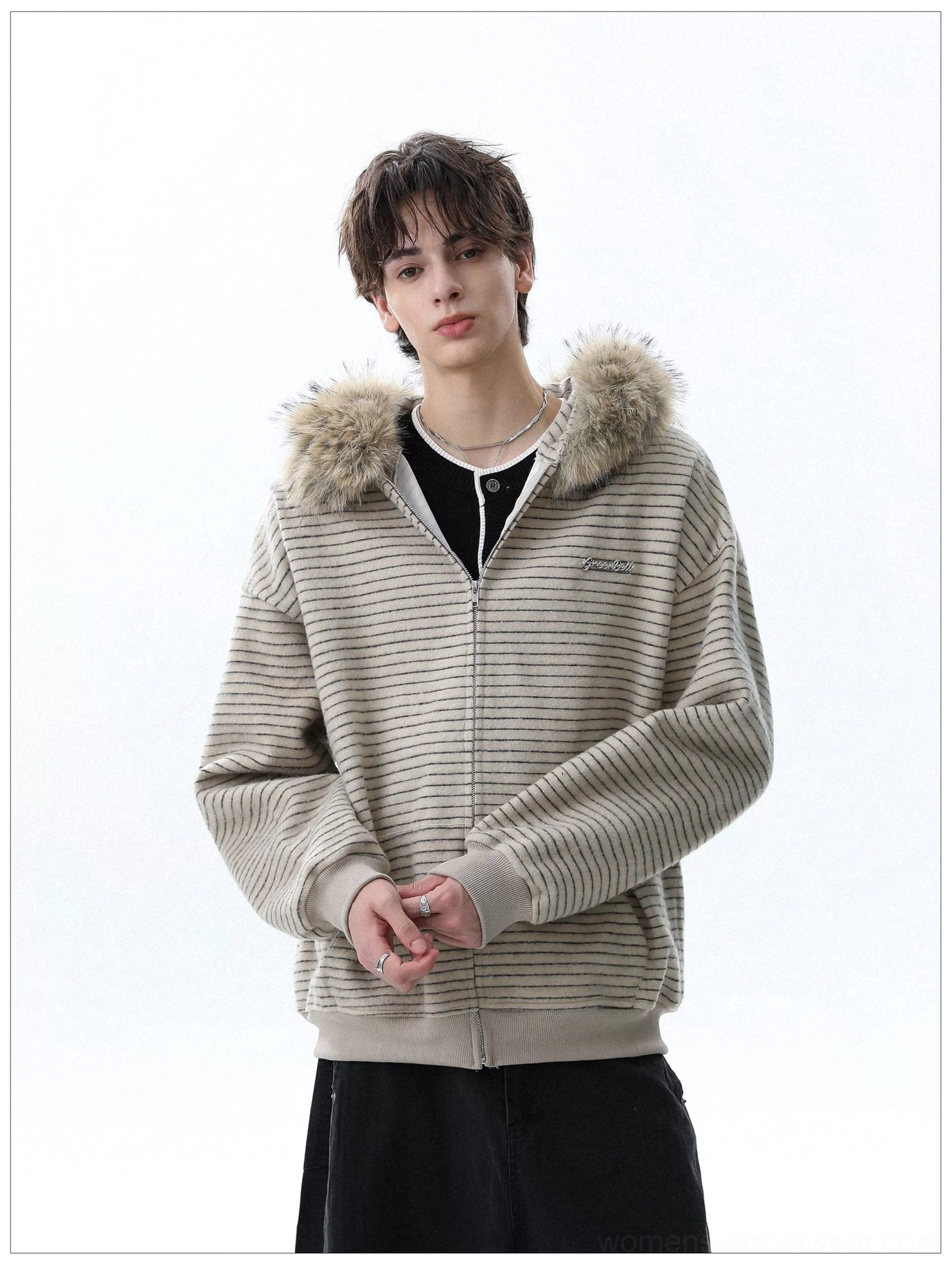 Apricot striped oversized zip hoodie featuring kangaroo pocket and embroidered chest detail