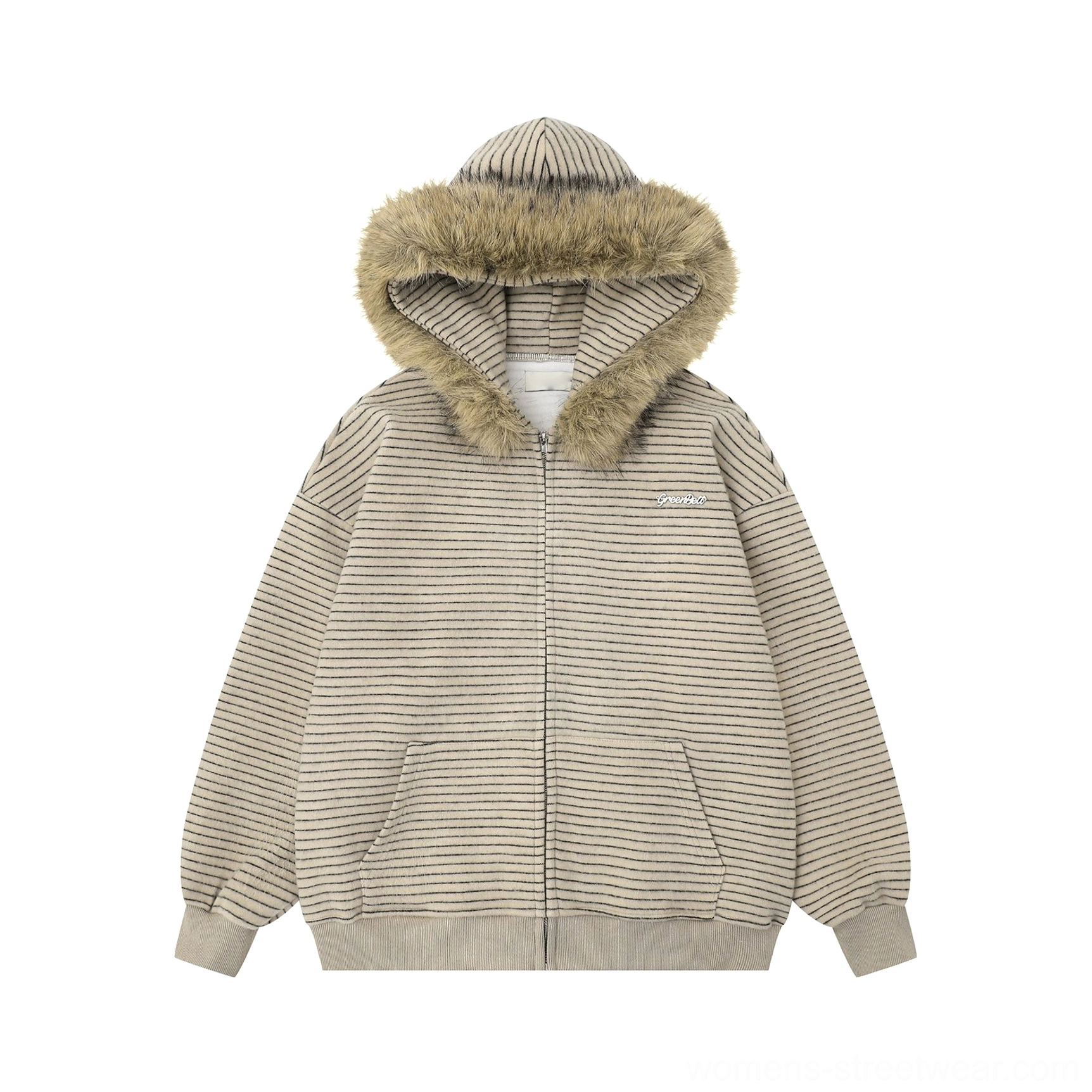 Apricot striped faux fur trim oversized zip hoodie product colorway view