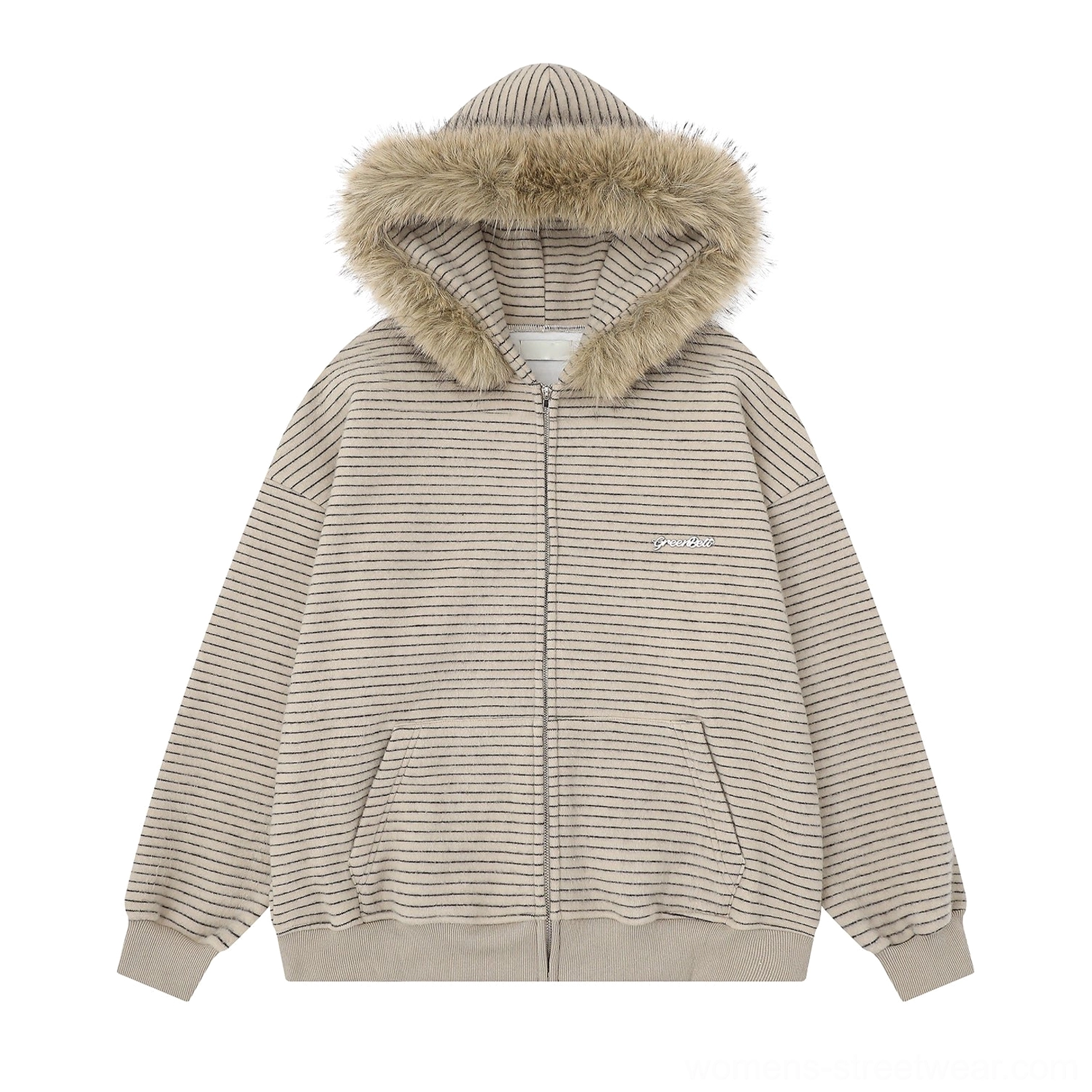 Apricot fleece lined striped faux fur trim oversized zip hoodie product colorway view