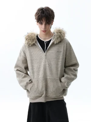 Apricot striped faux fur trim oversized zip hoodie front view styled with black trousers