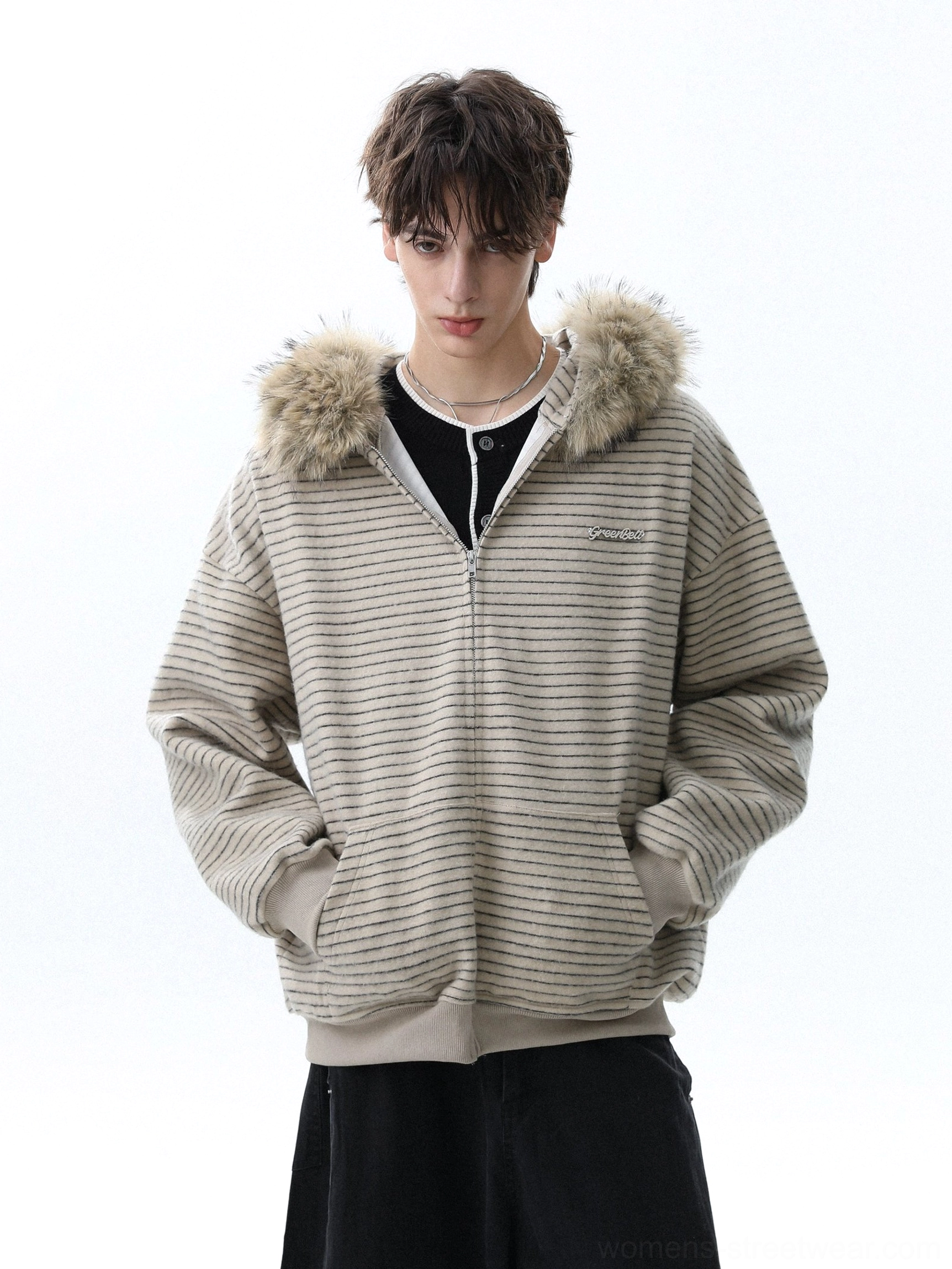 Apricot striped faux fur trim oversized zip hoodie front view styled with black trousers