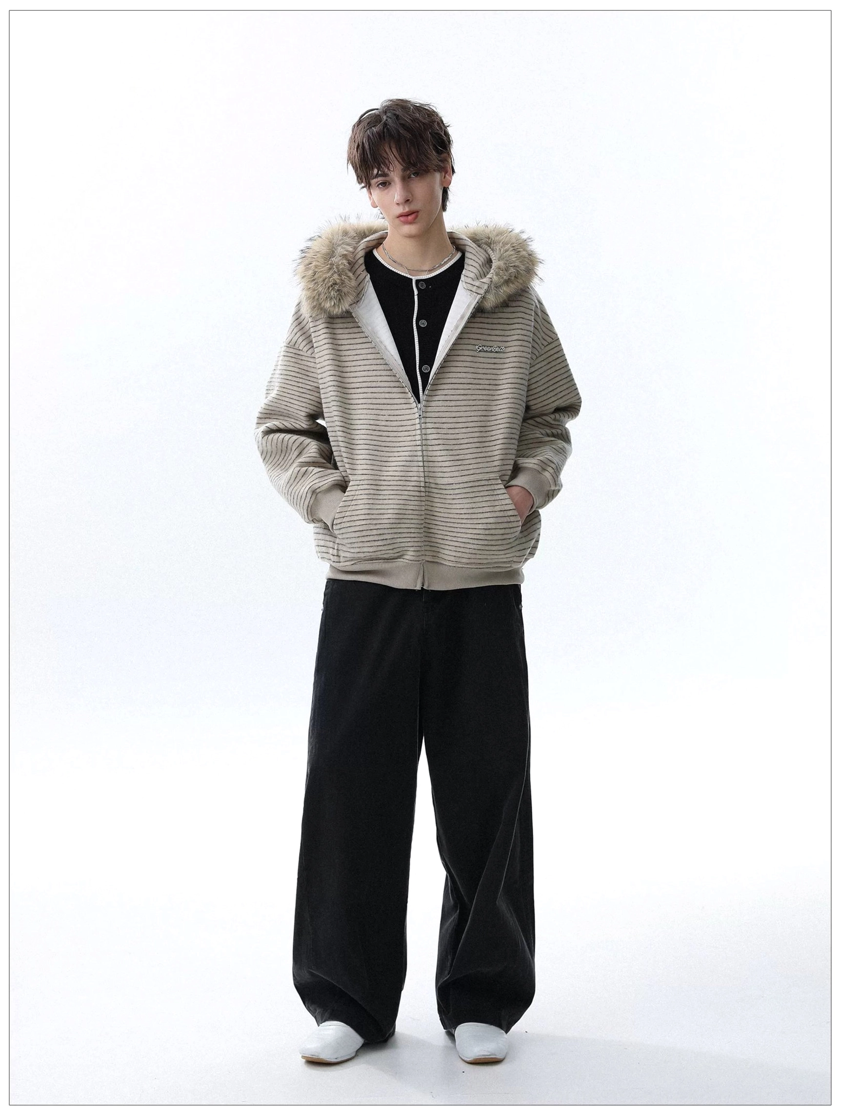 Full body apricot striped faux fur trim hoodie with oversized dropped shoulder silhouette