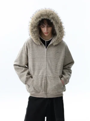 Apricot oversized striped zip hoodie with plush faux fur trimmed hood worn up