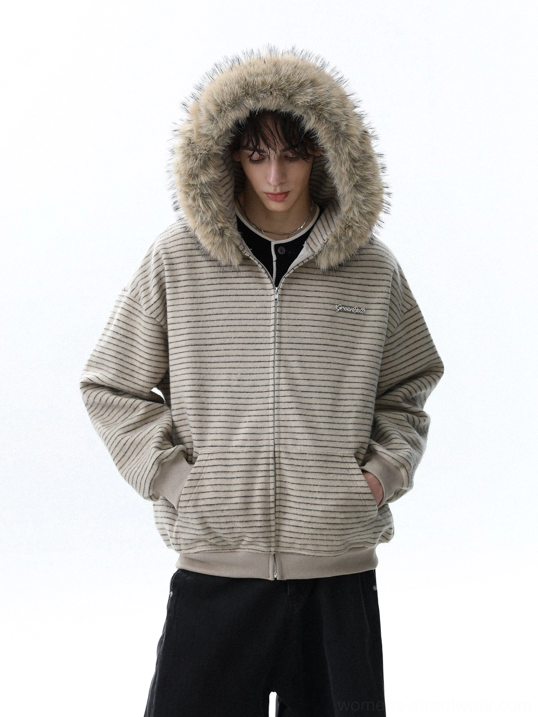 Apricot oversized striped zip hoodie with plush faux fur trimmed hood worn up
