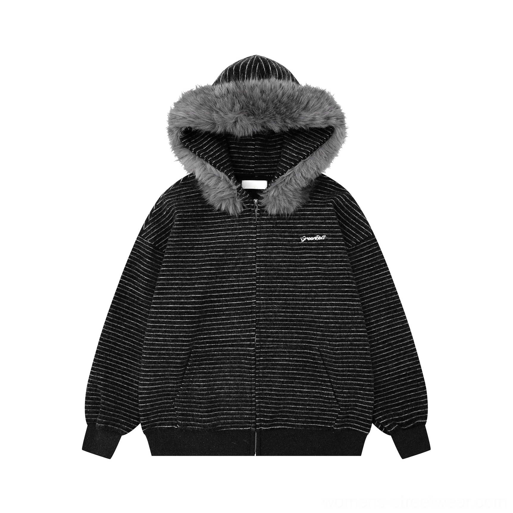 Dark gray fleece lined striped faux fur trim oversized zip hoodie product colorway view