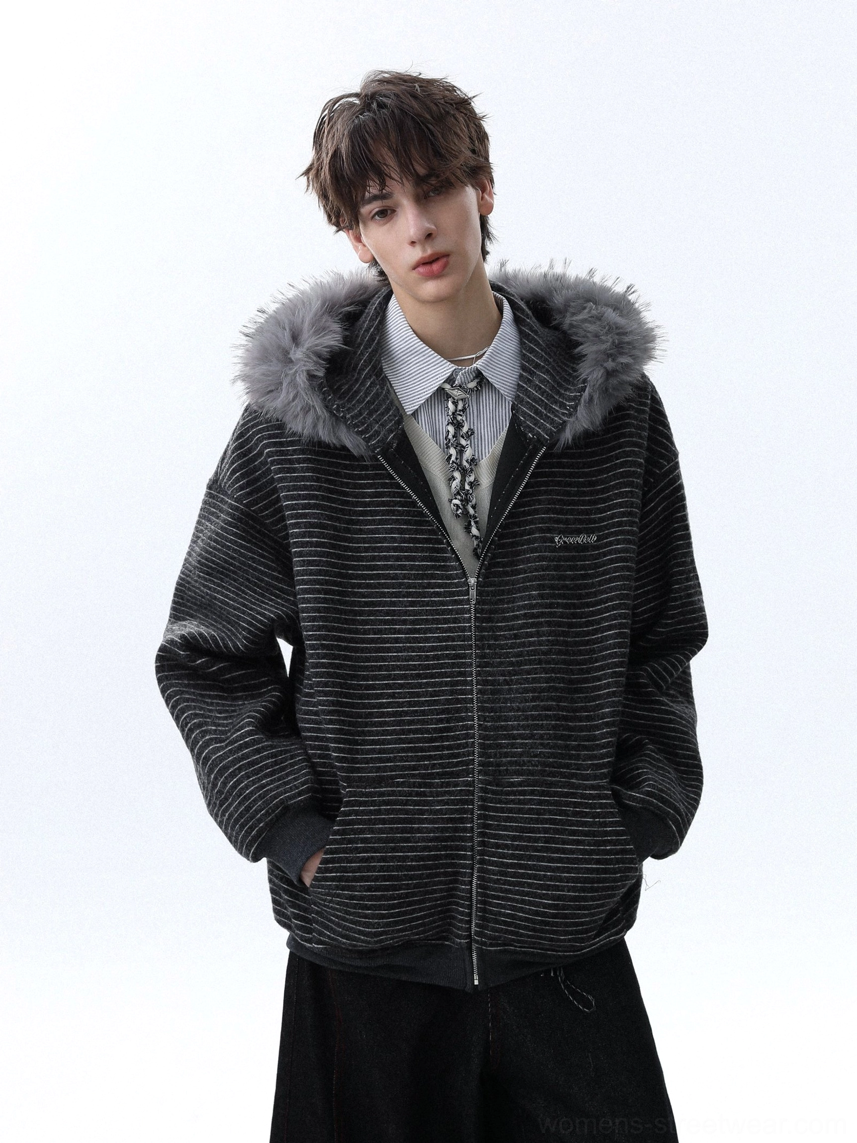 Dark gray striped oversized zip hoodie with detachable faux fur hood trim front view