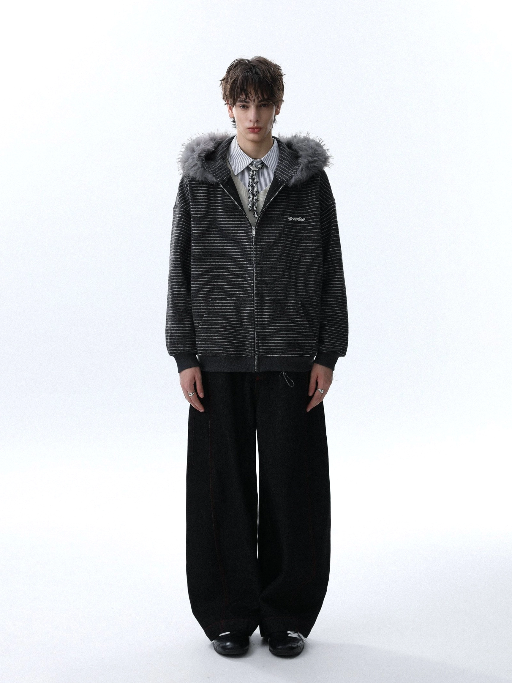 Full body dark gray striped faux fur hood zip hoodie styled with shirt tie and wide leg trousers