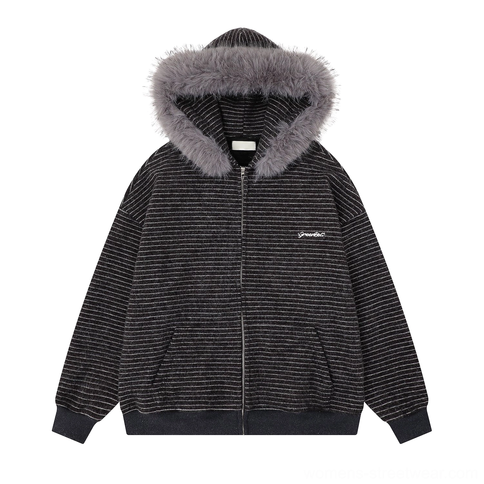 Striped faux fur trim oversized zip hoodie hood and plush trim close up