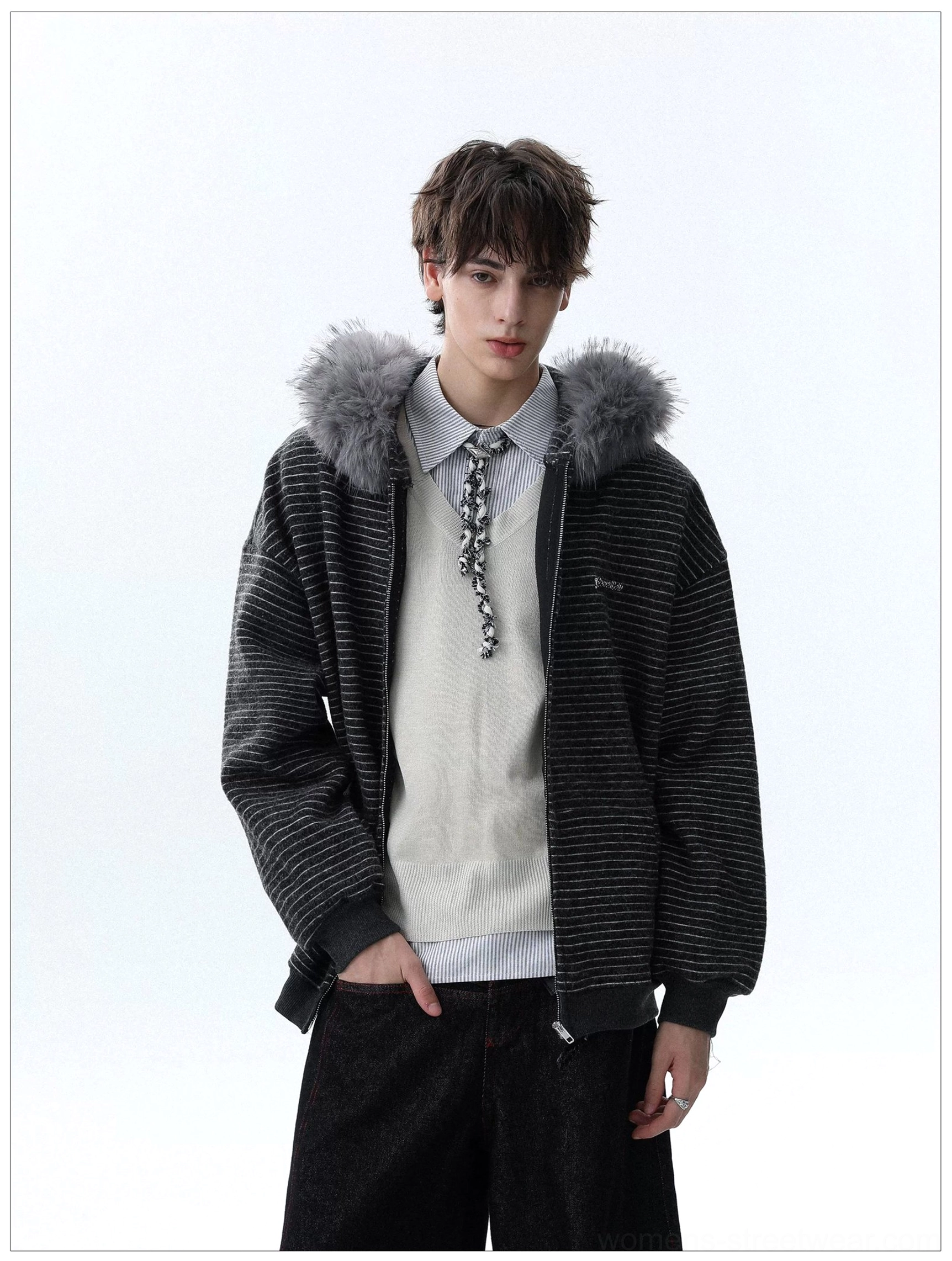 Striped faux fur trim oversized zip hoodie detailed product view with relaxed unisex fit