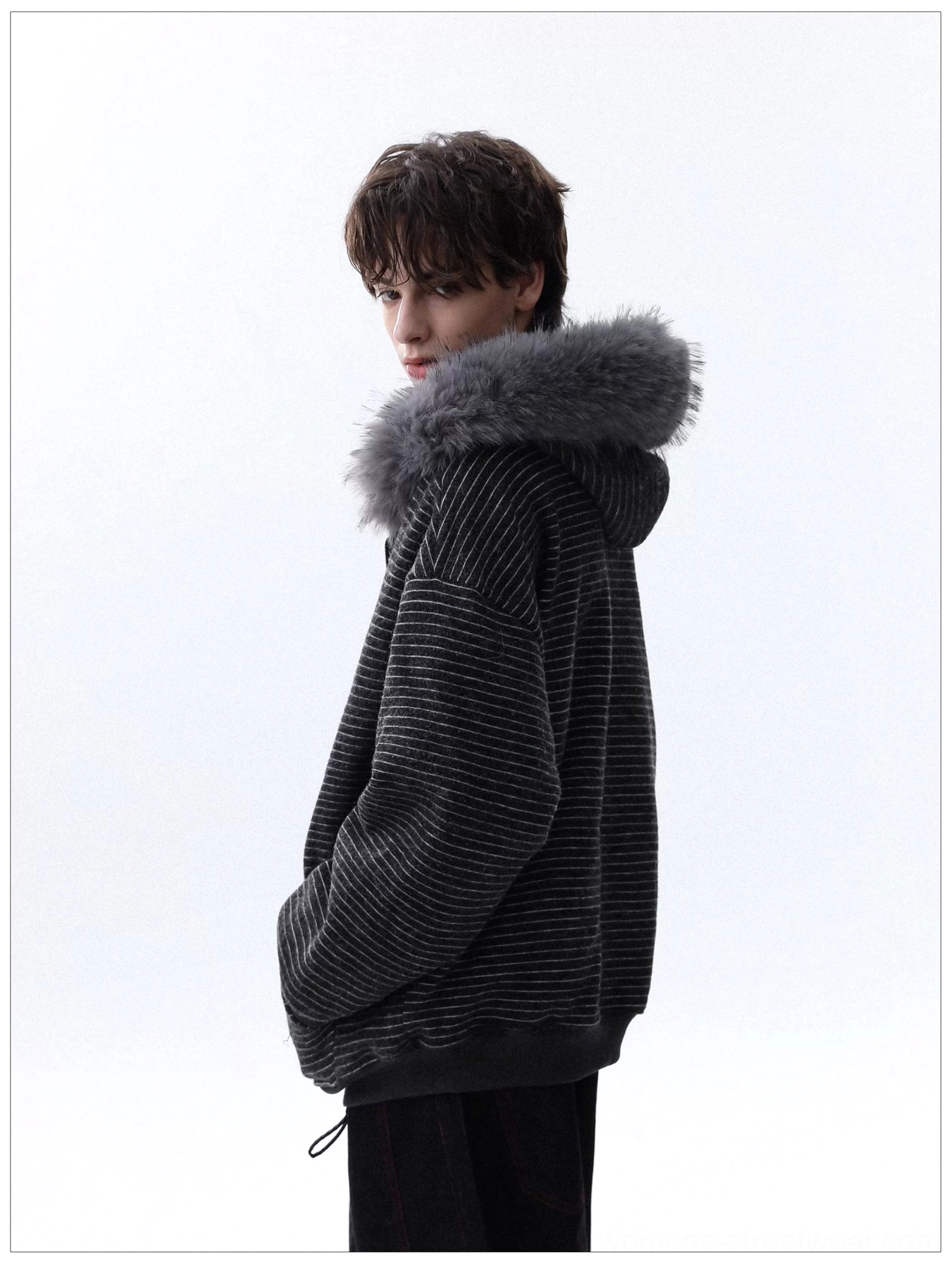 Striped faux fur trim oversized zip hoodie fabric texture and zipper detail