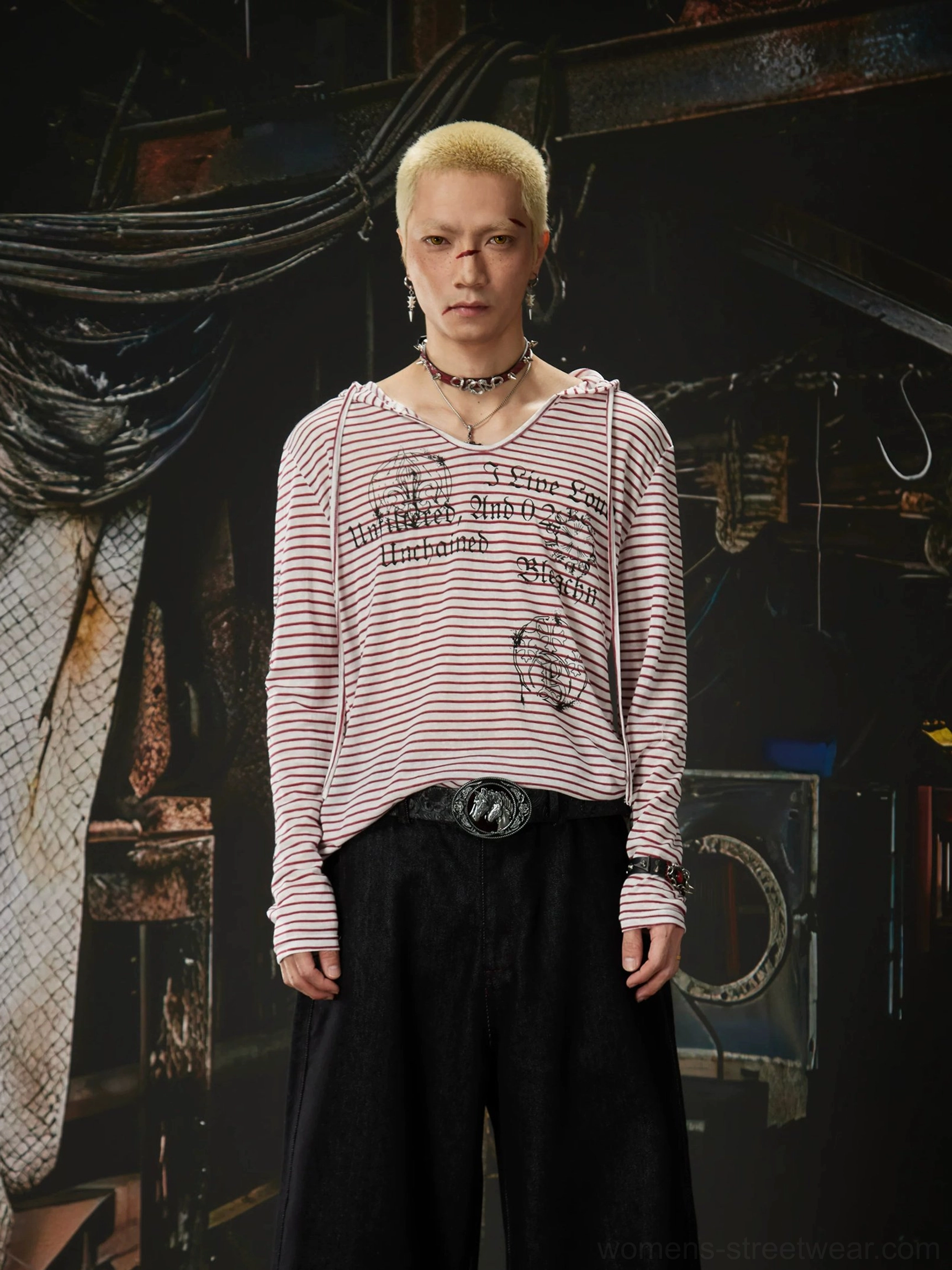 Striped gothic hooded long sleeve streetwear top with graphic script details and lightweight jersey construction