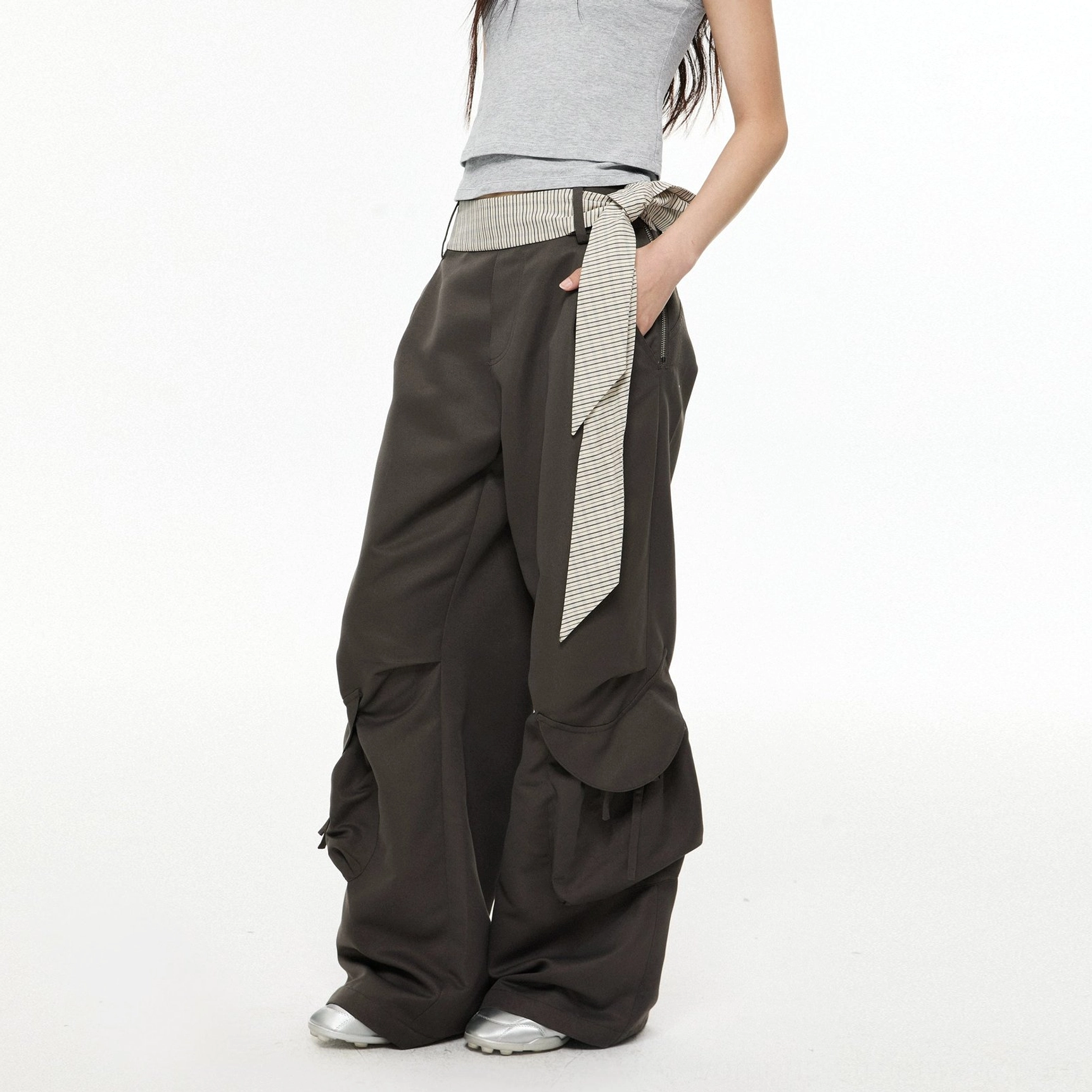 Dark gray striped sash belt wide-leg cargo pants streetwear utility trousers product color view