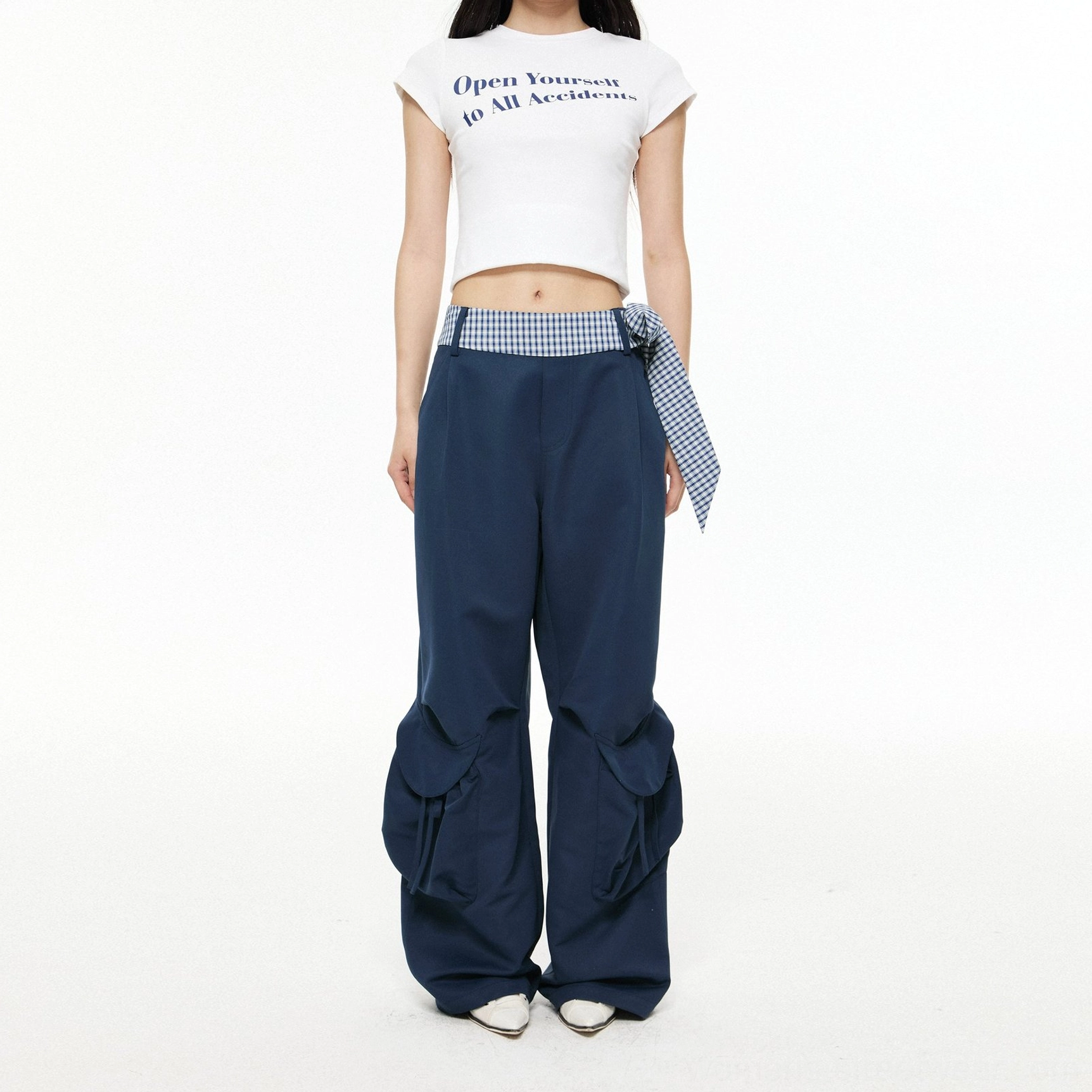 Navy striped sash belt wide-leg cargo pants relaxed streetwear utility trousers product color view