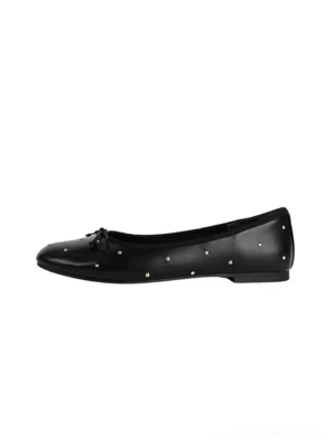 Black studded bow ballet flats for women with rounded toe, low flat sole, and Korean streetwear styling