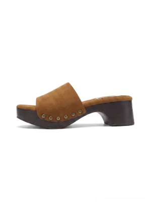 Brown and black studded sculpted-heel slide sandals with wide open-toe strap and chunky streetwear heel