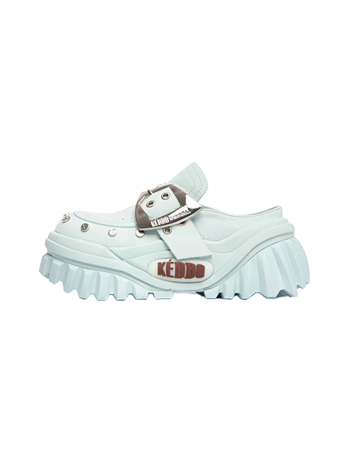 Light blue studded buckle platform Mary Jane mule shoes with oversized silver buckle, metal rivets, chunky ridged sole, and elevated streetwear silhouette