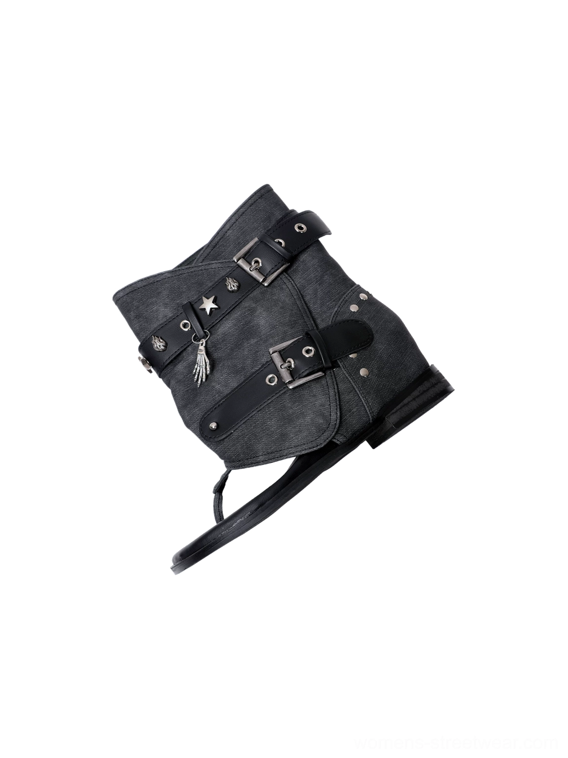 Angled side and rear view of black thong ankle boot sandal with buckles studs and tassel charms
