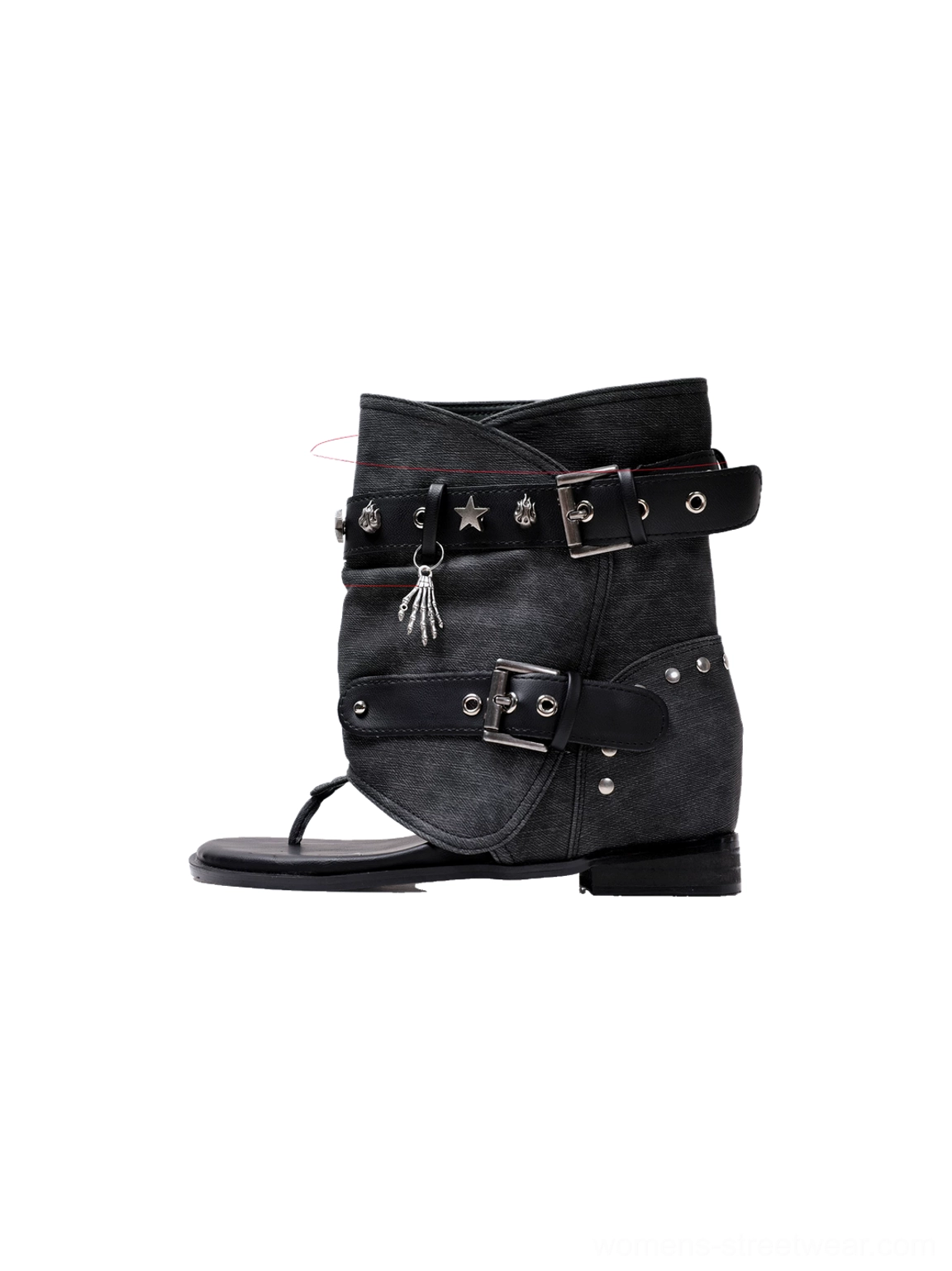 Black studded buckle thong ankle boot sandal with star hardware tassel charms and open heel side view