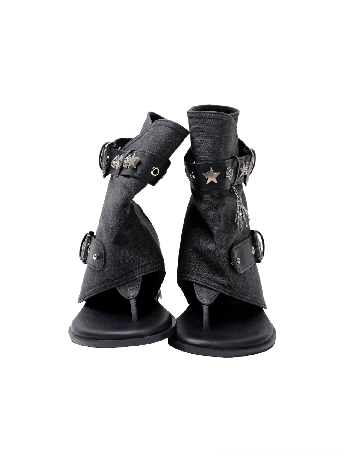 Front view of studded buckle thong ankle boot sandals with rolled ankle cuffs and star decorations