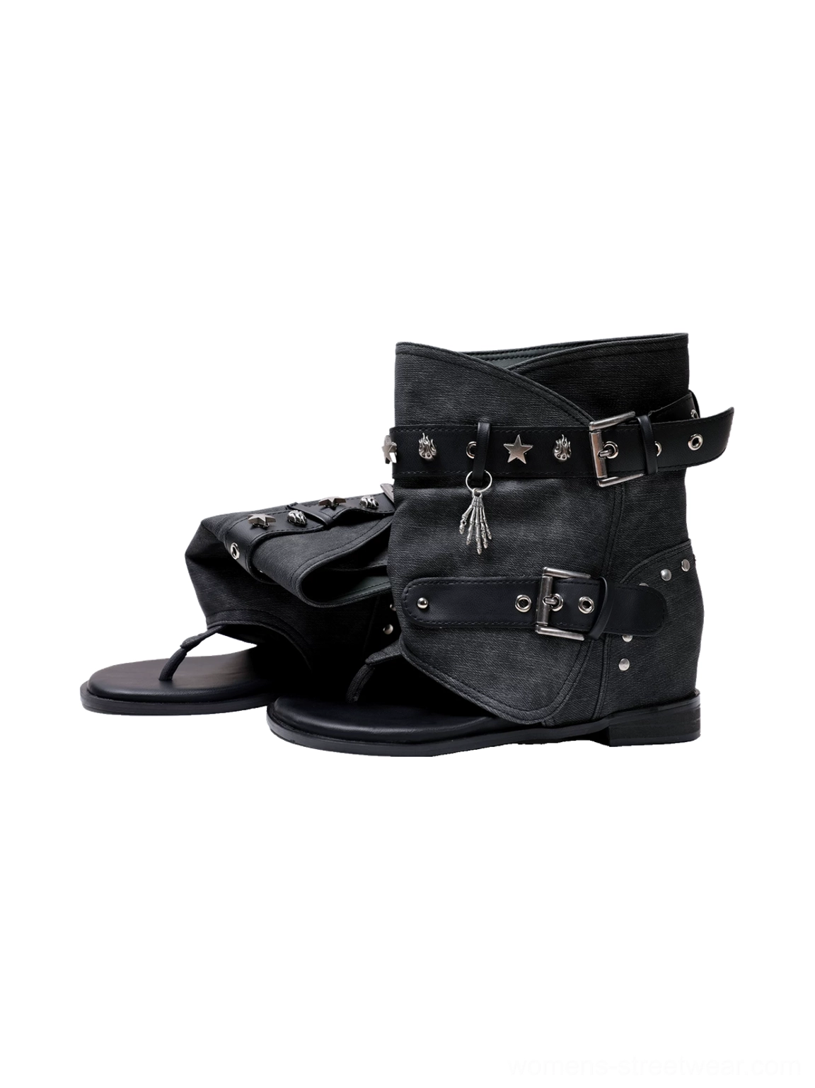 Pair of black studded thong ankle boot sandals with layered buckle straps star studs and open toes