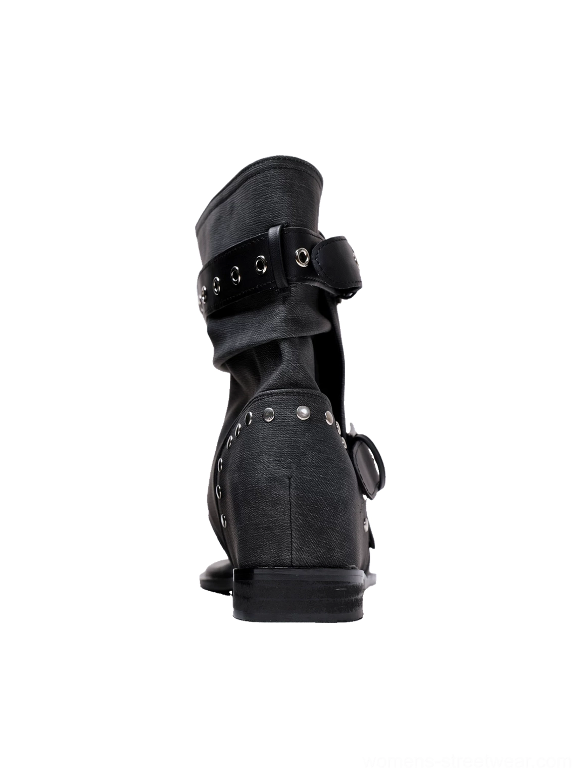Rear side detail of studded buckle thong ankle boot sandal with rolled cuff grommets and star studs