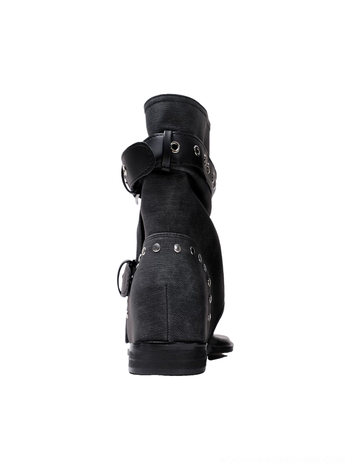 Rear view of black studded buckle thong ankle boot sandal showing open heel ankle strap and low sole