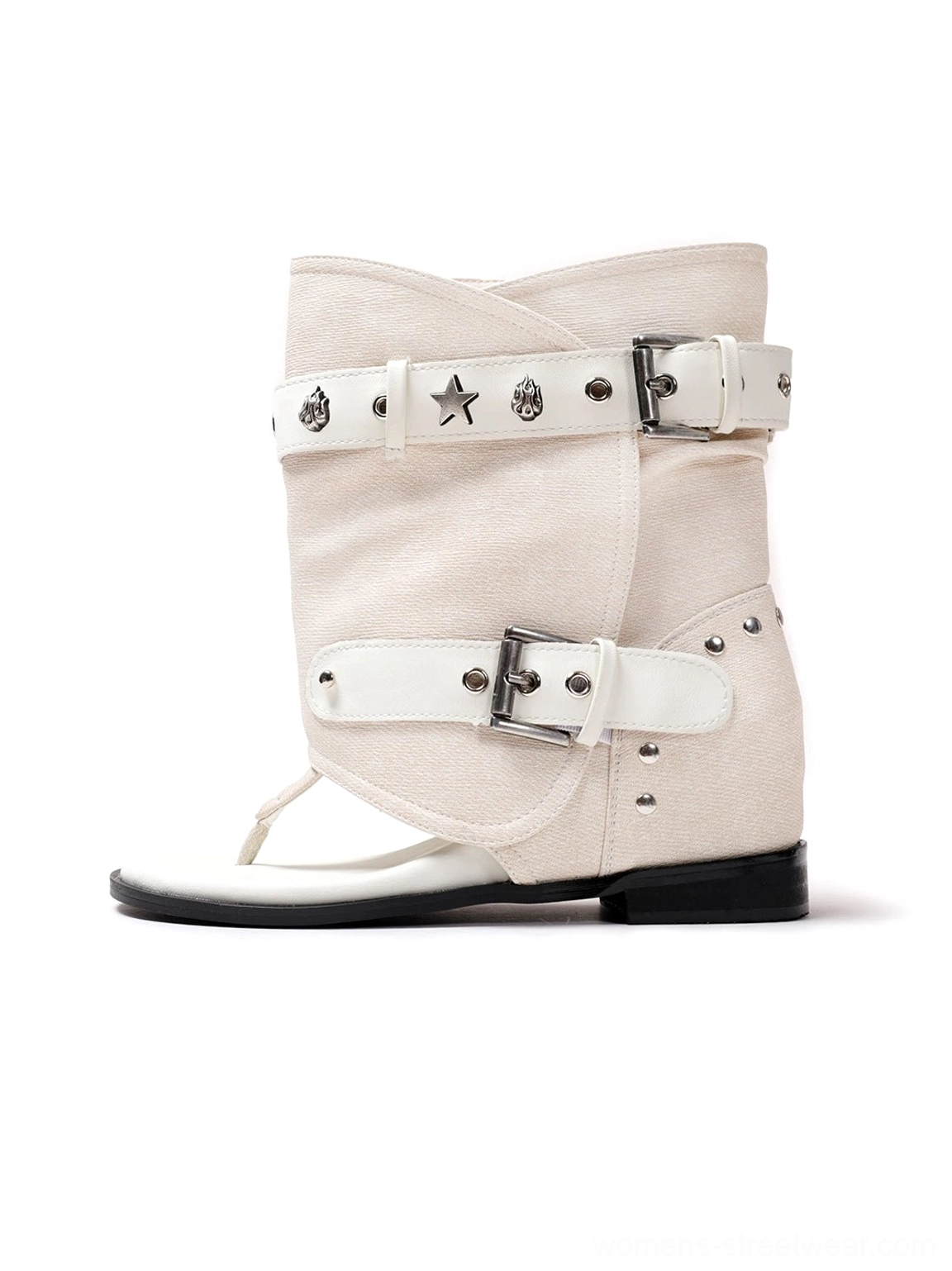 Studded buckle thong ankle boot sandals with star charms Y2K streetwear footwear detail view