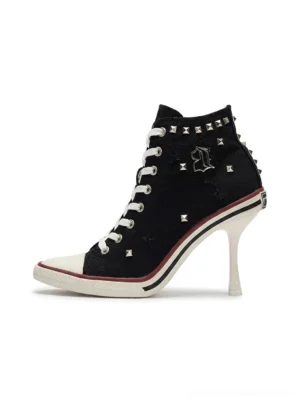 Front close-up of black studded canvas high-heel sneaker boots with metal rivets, rubber toe cap, lace-up design, and slim 8 cm stiletto heel