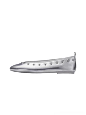 Silver studded square-toe ballet flat with metallic finish and back heel pull tab