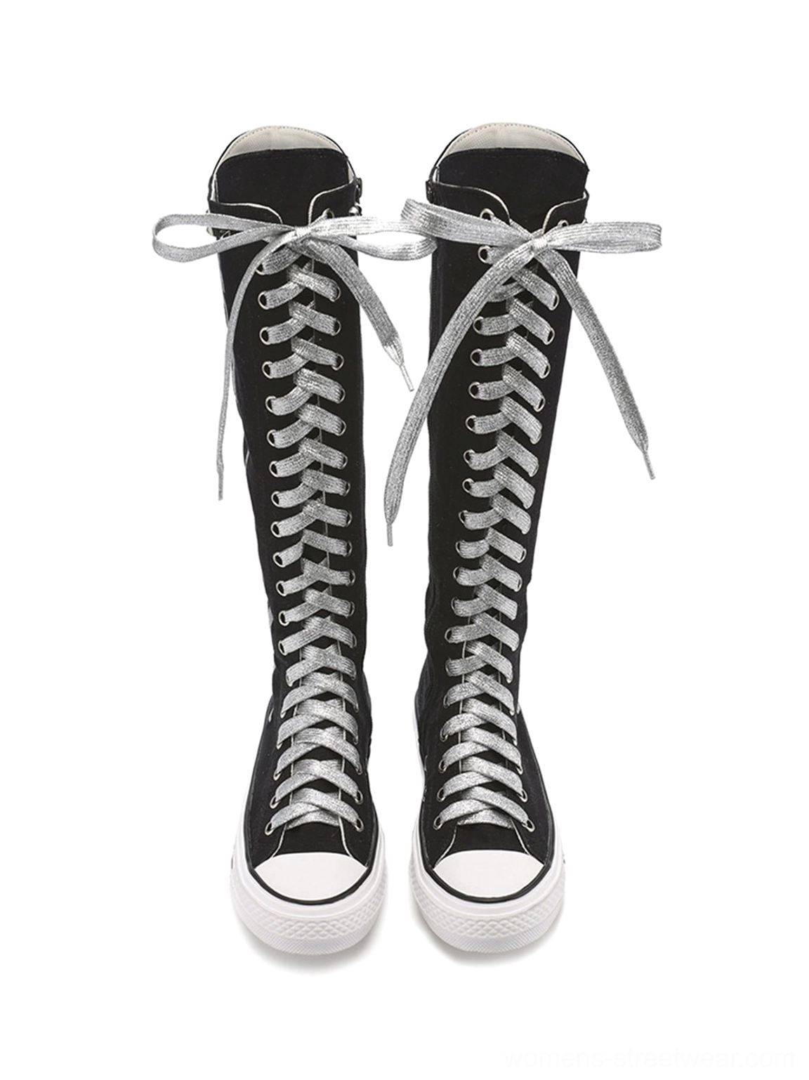 Studded graphic canvas knee-high punk boots product image with tall printed shafts, silver laces, rivet trim, and flat rubber soles