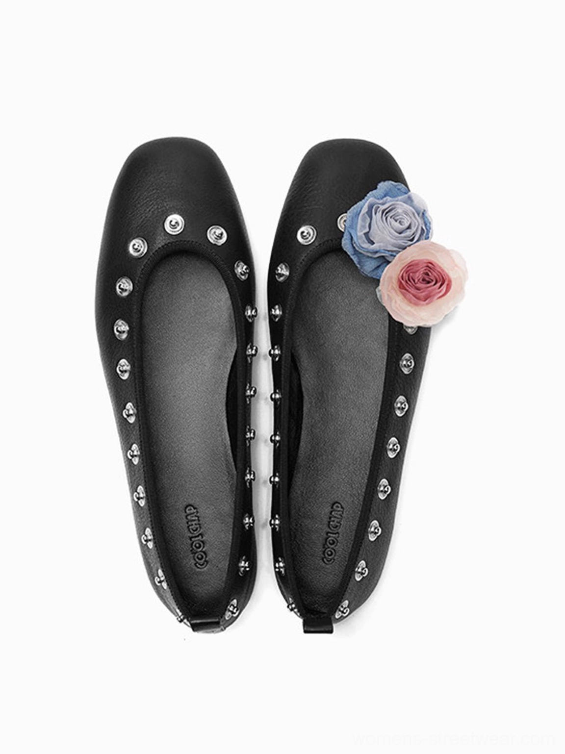 Black and silver inspired studded square-toe floral ballet flats for Korean street style
