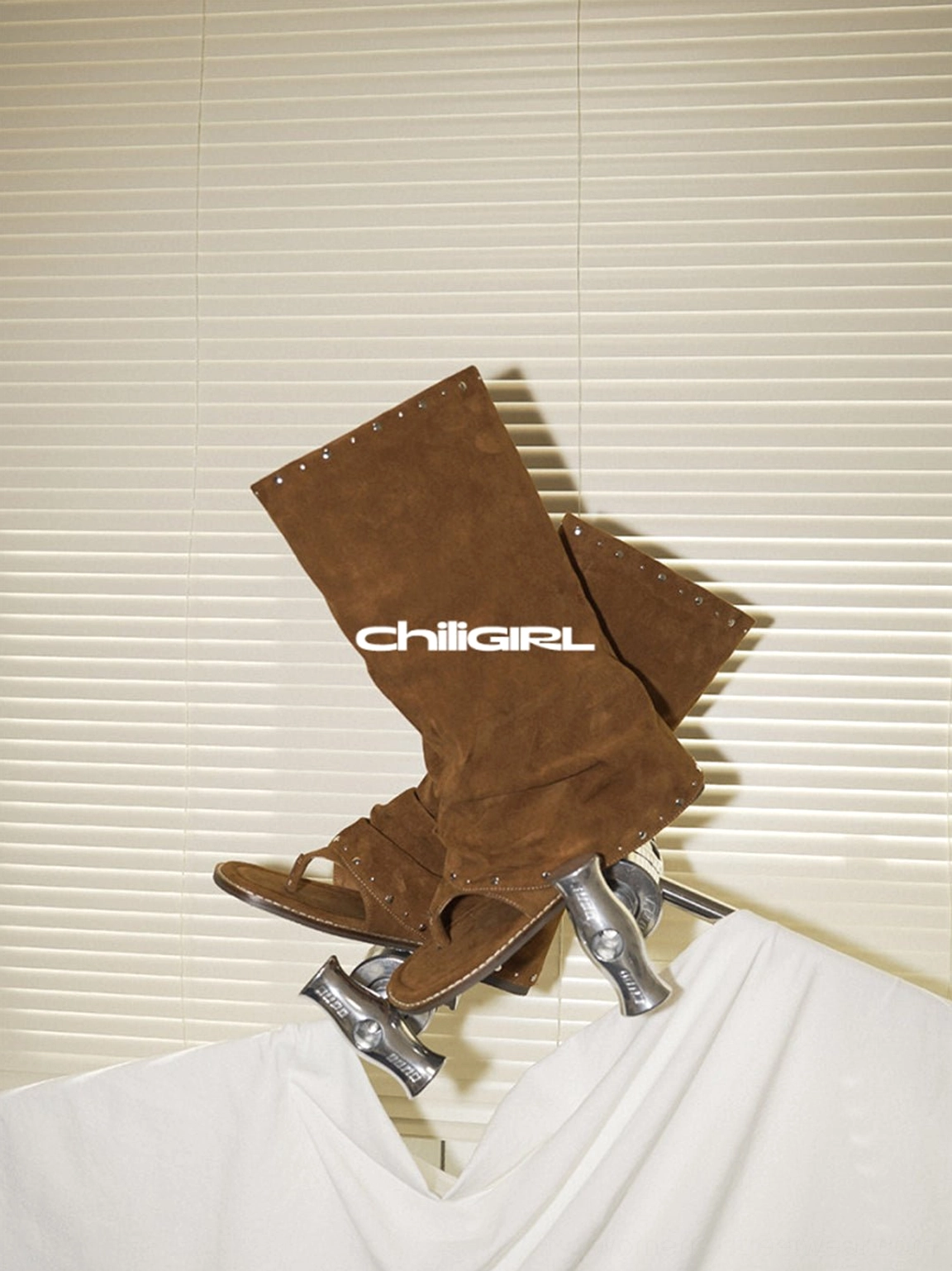 Studded suede thong sandal boots with ruched tall shaft, open toe, open heel and flat sole fashion detail view
