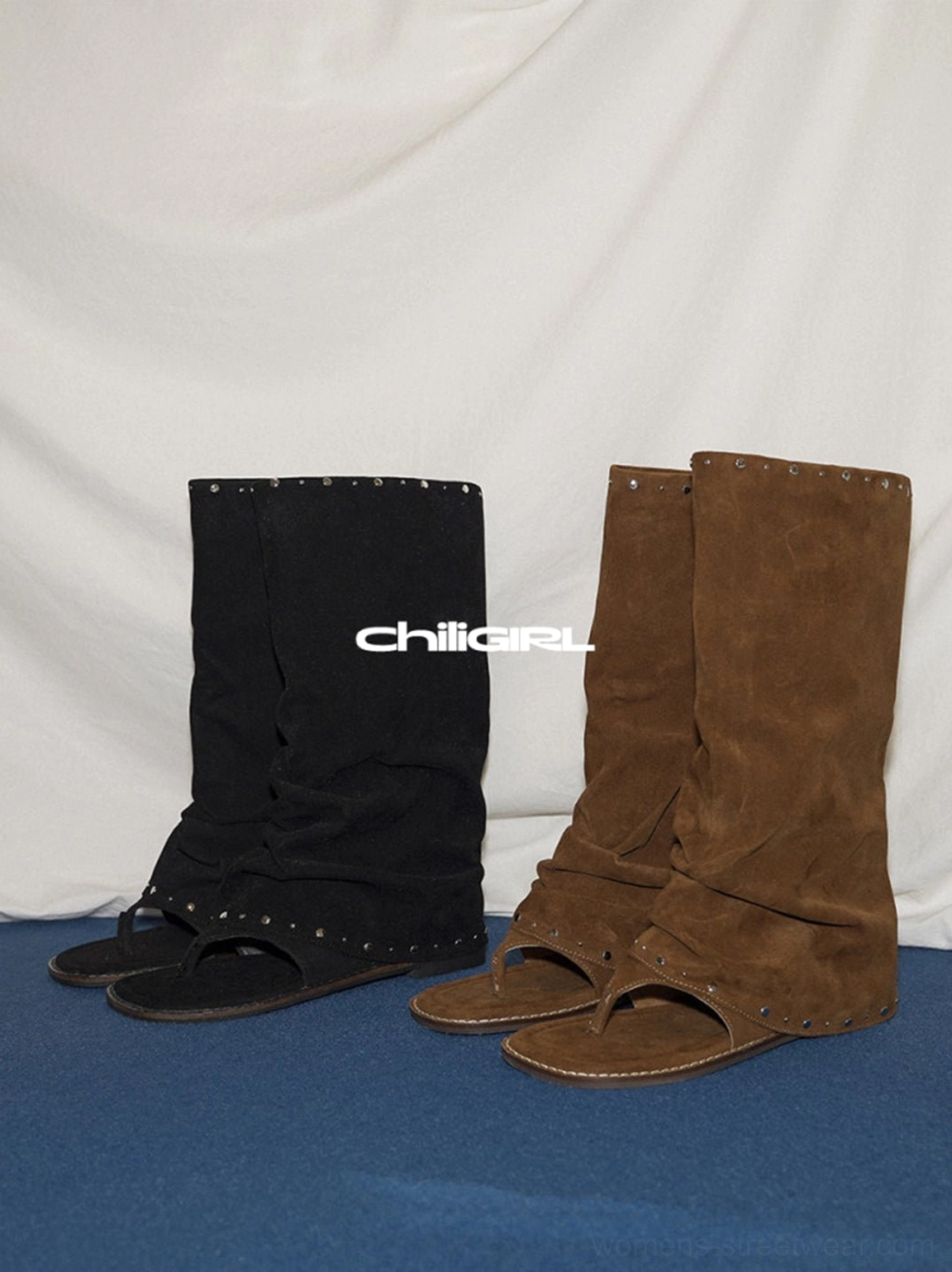 Open-toe studded suede tall sandal boots with ruched shaft and flat sole modern Y2K streetwear footwear view