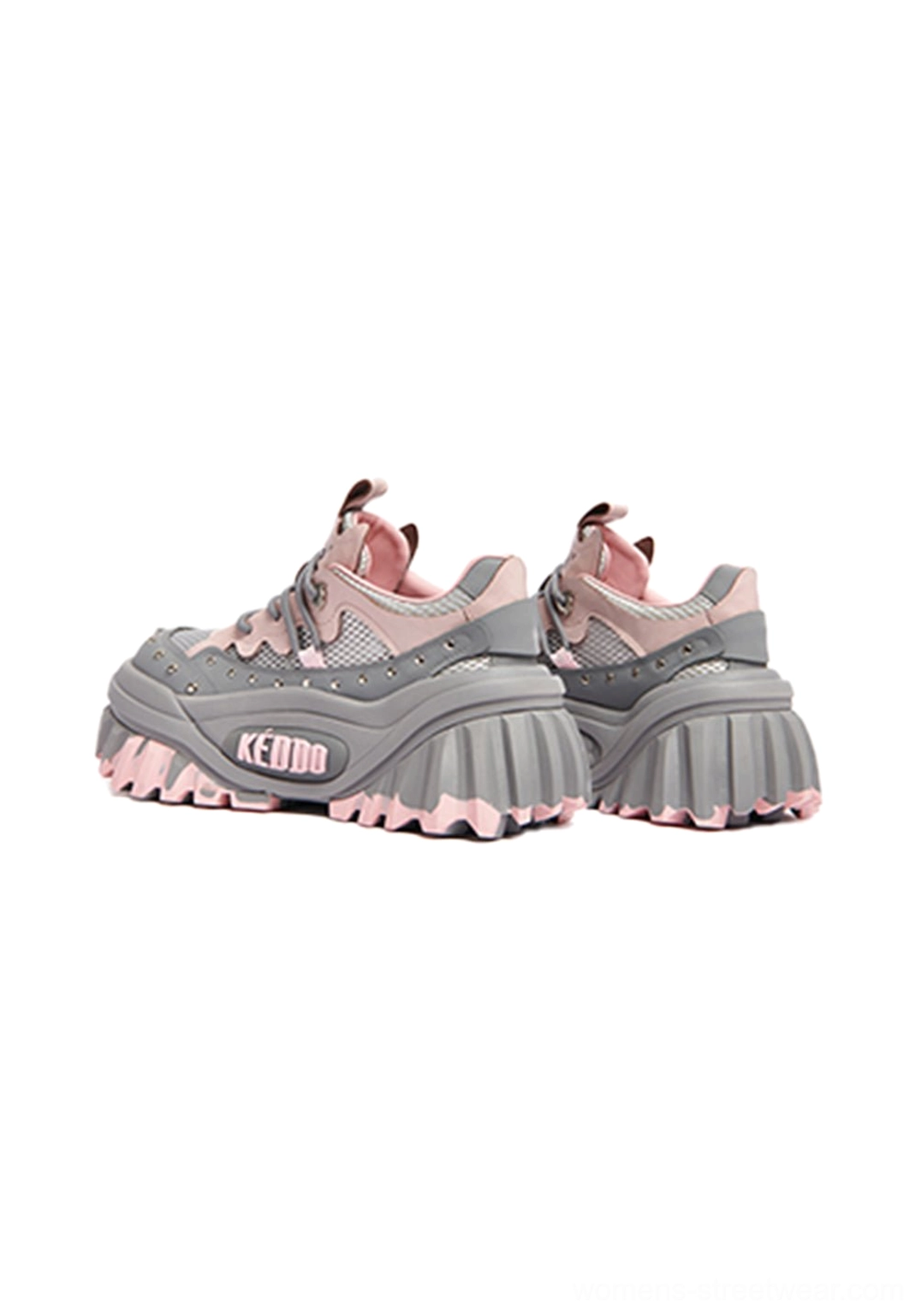 Close-up product image of women’s platform loafers highlighting the studded trim, mixed-material upper, and wave-shaped sole