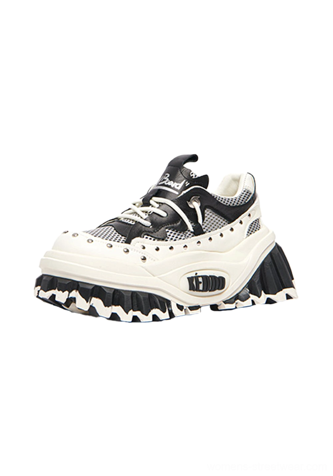 Detailed side frontal view of women’s studded platform loafers with mesh panels, branded heel counter, and wavy sole