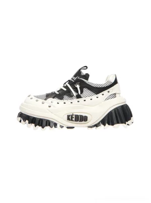 Black and white studded wave-sole platform loafers for women with mesh panels, chunky sole, and Y2K streetwear styling