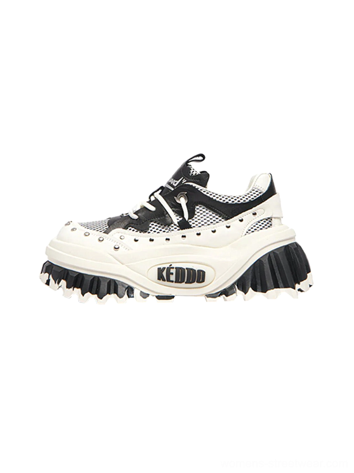 Black and white studded wave-sole platform loafers for women with mesh panels, chunky sole, and Y2K streetwear styling