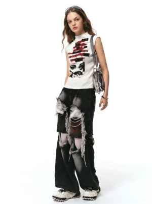 Women wearing black and white chunky wave-sole platform loafers styled with a Y2K casual streetwear outfit